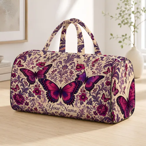 Vintage Botanical Butterflies With Violet Florals For Romantic Travel Style Women Quilted Weekend Bag