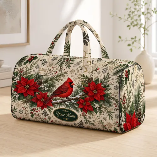 Red Finch Pine Poinsettia Snowflake Christmas Winter Holiday Travel Accessory For Her Quilted Weekend Bag