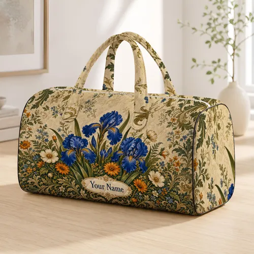 Vintage Blue Iris And Orange Daisy Botanical Name Label For Garden Travel Style Lovers Quilted Weekend Bag