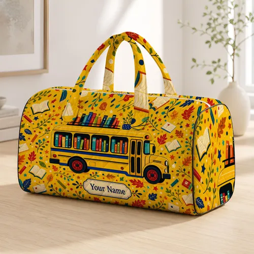 Yellow School Bus Bookmobile With Books For Reading Teachers And Library Lovers Gift Quilted Weekend Bag