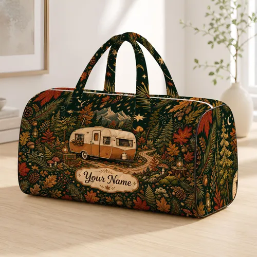 Vintage Camper In Autumn Pine Forest For Cozy Camping Road Trips And Outdoor Getaways Quilted Weekend Bag