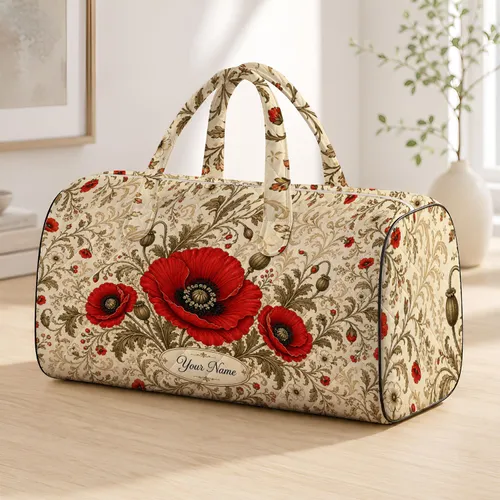 Crimson Red Poppy Botanical Garden With Your Name Accent For Retro Travel Style Women Quilted Weekend Bag