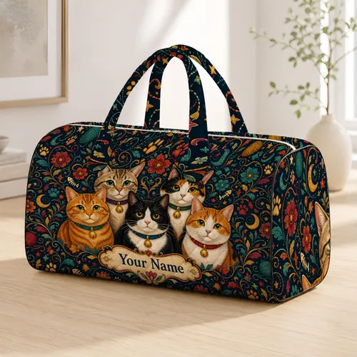 Multicolor Folk Art Cats With Bell Collars For Overnight Trips And Pet Lover Gifts Quilted Weekend Bag
