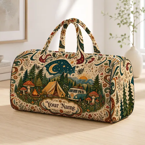 Boho Woodland Camping Tent Mushrooms Moon Stars Retro Road Trip Overnight Travel Gift Quilted Weekend Bag