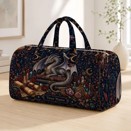 Silver Dragon On Antique Spellbooks Enchanted Autumn Library Gift For Fantasy Lovers Quilted Weekend Bag
