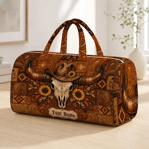 Western Longhorn Skull Cowboy Hat Sunflower Rustic Autumn Travel Gift For Cowgirls Quilted Weekend Bag
