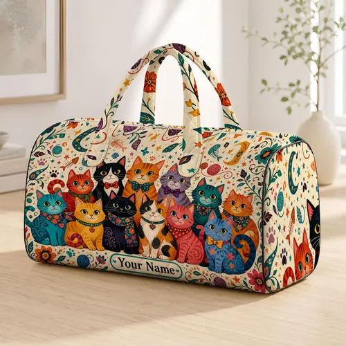 Joyful Rainbow Cartoon Cats Folk Art Style Overnight Road Trip Gift For Cat Moms Quilted Weekend Bag