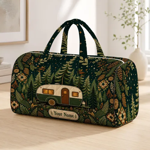 Retro Camper Among Pine Trees For Camping Trips And Cozy Outdoor Getaways For Campers Quilted Weekend Bag