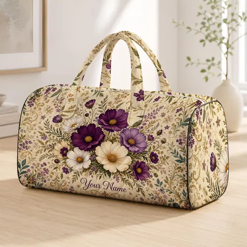 Cream Ivory Cosmos Bouquet With Plum Script Name For Countryside Holiday Gifts For Her Quilted Weekend Bag