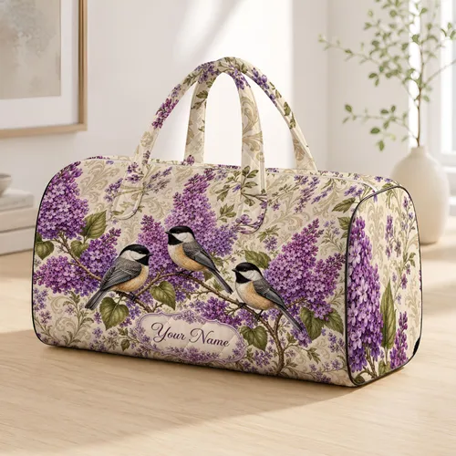 Chickadee Birds With Purple Lilacs On Cream Botanical Travel Style Gift For Women Quilted Weekend Bag