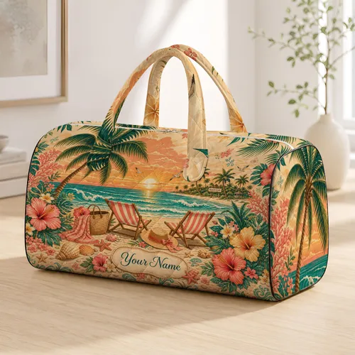 Tropical Beach Club Sunset With Palms And Lounge Chairs For Resort Vacation Style Quilted Weekend Bag