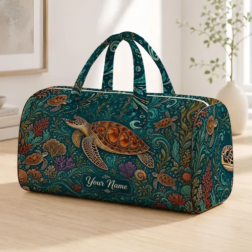 Sea Turtle Ocean Wildlife With Teal Coastal Motifs For Beach Travel And Turtle Lovers Quilted Weekend Bag