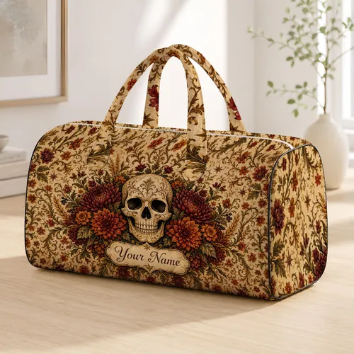 Gothic Floral Skull With Autumn Botanicals For Halloween Travel And Fall Getaways Quilted Weekend Bag