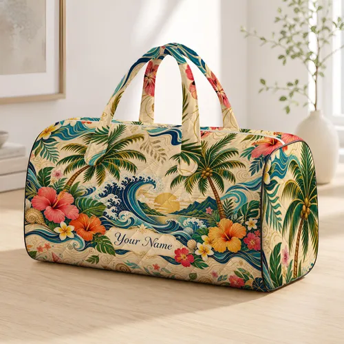 Tropical Palm Ocean Waves Hibiscus Island Escape For Beach Vacation Women Travelers Quilted Weekend Bag