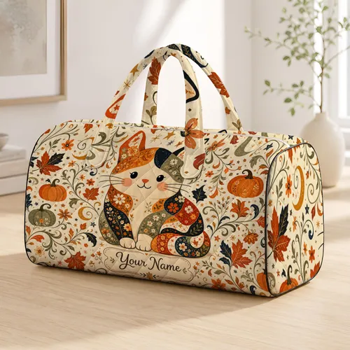 Cute Halloween Calico Cat With Autumn Florals For Fall Getaways And Pet Lover Gifts Quilted Weekend Bag