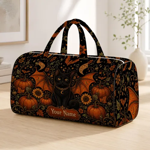 Black Cat Pumpkins Bats Halloween Harvest Gothic Florals For Autumn Travel Women Quilted Weekend Bag