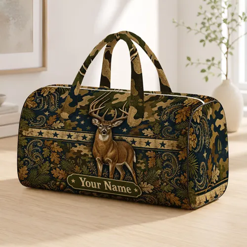 Whitetail Buck Woodland Camo Heritage Stars Rustic Hunting Travel Gift For Women Quilted Weekend Bag