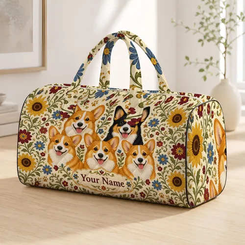 Smiling Corgi Faces With Folk Florals And Name Plaque For Dog Mom Travel Getaways Quilted Weekend Bag