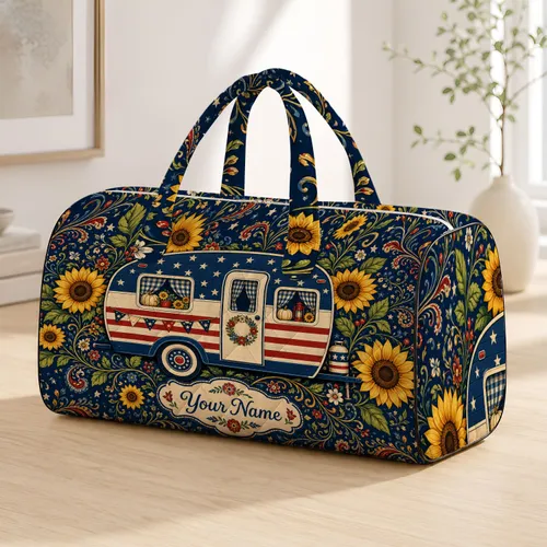 Patriotic Vintage Camper With Sunflowers For Harvest Road Trip Holidays And RV Fans Quilted Weekend Bag