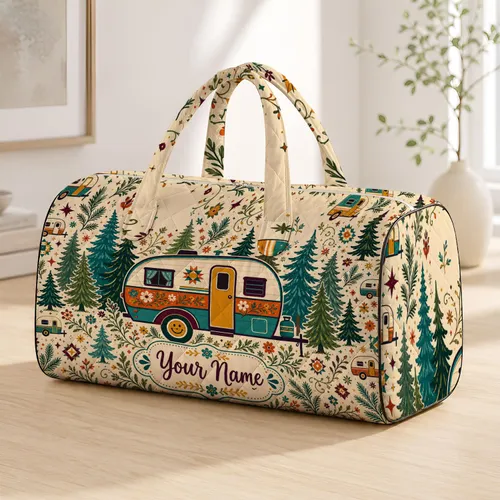 Retro Camping Trailer Woodland Pines Oatmeal Beige Travel Gift For Outdoorsy Women Quilted Weekend Bag