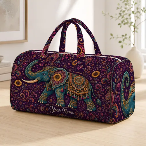 Bohemian Elephant With Sunflowers On Aubergine Purple For Ethnic Travel Style Women Quilted Weekend Bag