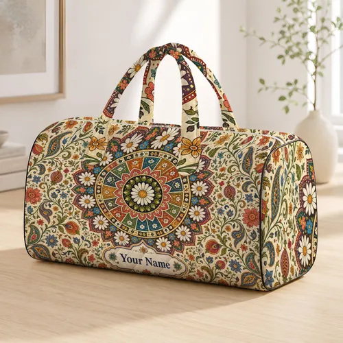 Bohemian Garden Mandala With Daisies And Vines For Artsy Getaways Travel Style Women Quilted Weekend Bag