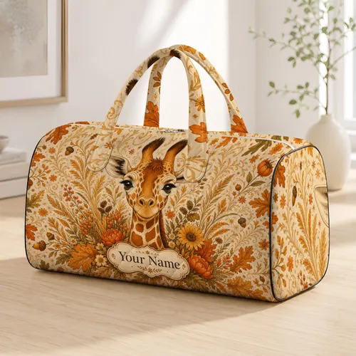 Cute Giraffe Portrait With Autumn Savanna Florals For Thanksgiving Travel Lovers Quilted Weekend Bag
