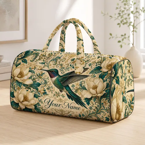 Teal Hummingbird With Cream Florals For Botanical Getaways And Nature Loving Women Quilted Weekend Bag