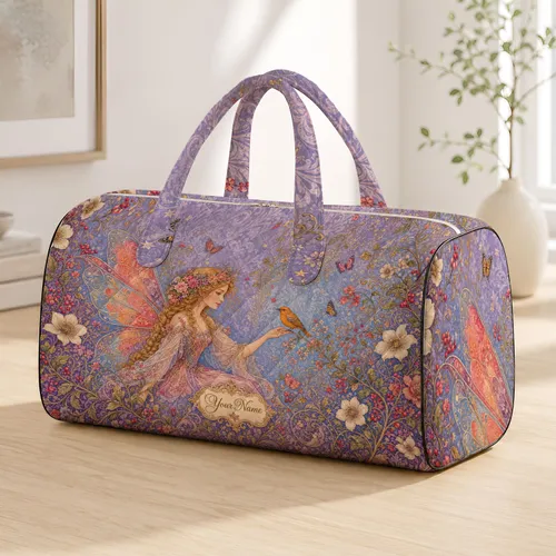 Vintage Woodland Fairy With Songbird, Vines And Florals For Holiday Travel Gift Lovers Quilted Weekend Bag