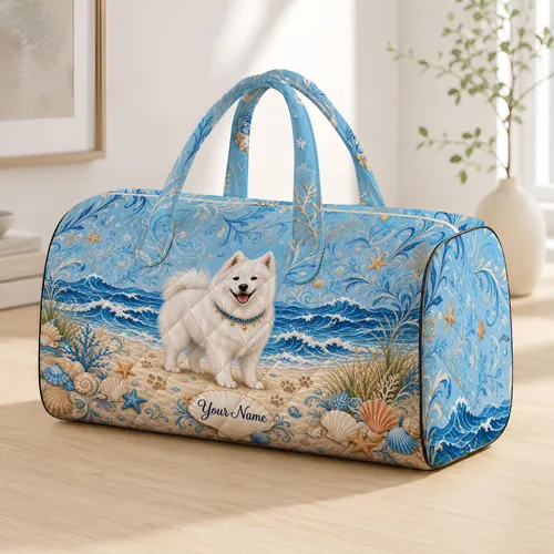 Smiling Samoyed Dog With Seaside Shells For Coastal Travel And Beach Vacation Dog Moms Quilted Weekend Bag