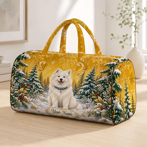 White Samoyed In Snowy Pines With Golden Christmas Holiday Style Gift For Dog Lovers Quilted Weekend Bag