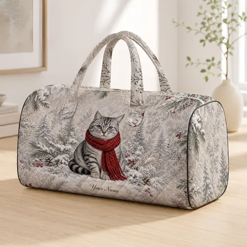 Silver Tabby Cat In Red Scarf Snowy Pines Winter Travel Christmas Gift For Her Mom Quilted Weekend Bag