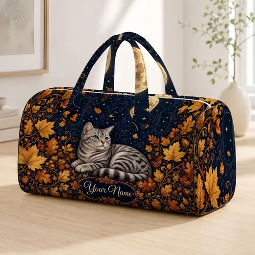 Silver Tabby Cat With Autumn Leaves And Moonlit Navy Garden For Thanksgiving Travel Quilted Weekend Bag