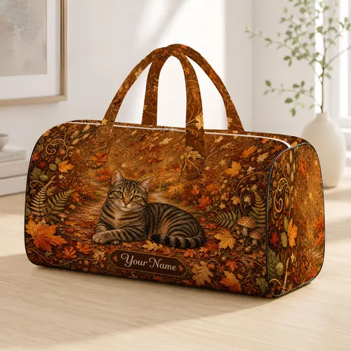 Gray Brown Tabby Cat On Autumn Forest Path Thanksgiving Travel Gift For Cat Lovers Quilted Weekend Bag
