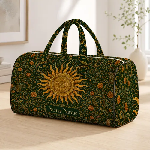 Golden Sun Medallion On Forest Green Boho Botanical Travel Style Harvest Gift For Her Quilted Weekend Bag