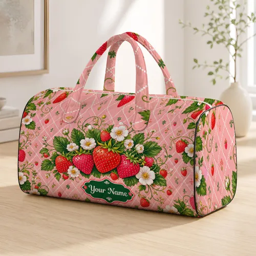 Strawberry Floral Blush Pink Diamond Lattice Overnight Travel Style With Name Accent Quilted Weekend Bag
