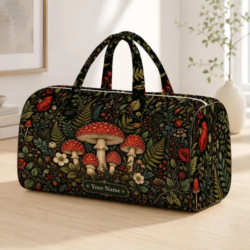 Red Amanita Mushrooms And Dark Cottagecore Botanicals For Forest Getaways And Gifts Quilted Weekend Bag