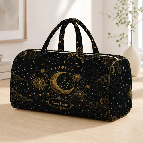 Celestial Moon Sun Stars Antique Gold Overnight Travel Carryall For Astrology Lovers Quilted Weekend Bag