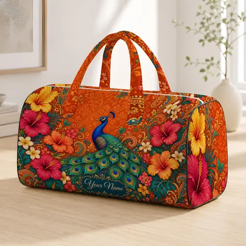 Tropical Peacock Floral Resort Style Travel Accessory For Women With Name Plaque Quilted Weekend Bag