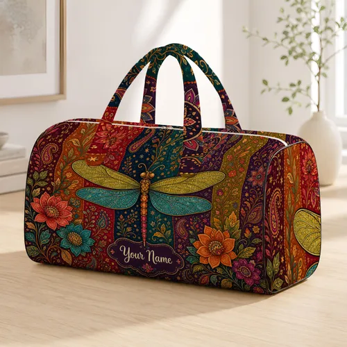 Bohemian Dragonfly Garden Jewel Tone Travel Style For Beach Vacations And Getaways Quilted Weekend Bag