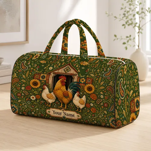 Vintage Farmhouse Rooster With Hens And Florals For Country Travel And Farm Lovers Quilted Weekend Bag