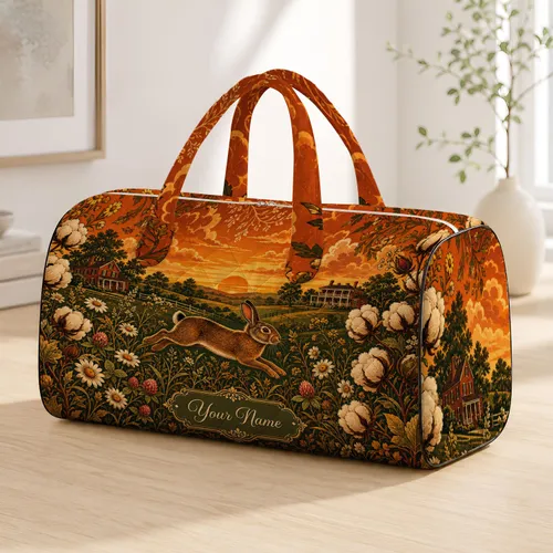 Sunset Farmhouse Rabbit Cotton Field Southern Countryside Vintage Travel Gift For Her Quilted Weekend Bag