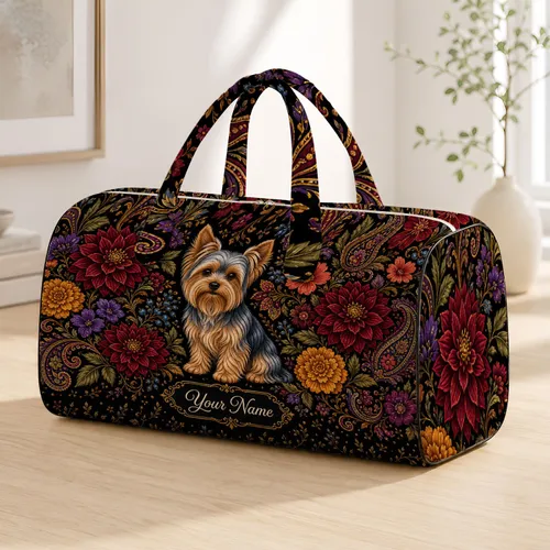 Regal Yorkshire Terrier With Jewel Tone Florals For Travel And Pet Lover Getaways Quilted Weekend Bag