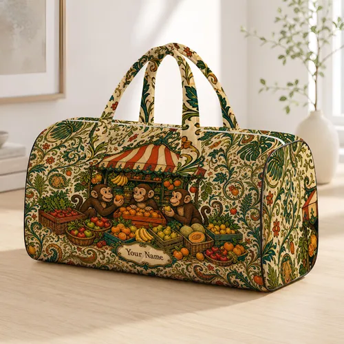 Whimsical Monkeys At Vintage Produce Market For Travel Trips And Animal Lovers Gift Quilted Weekend Bag