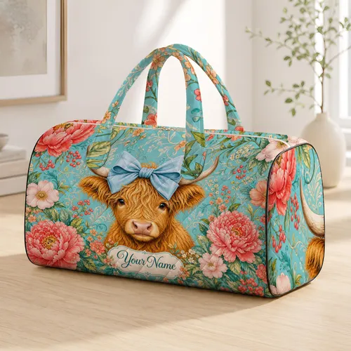 Highland Calf With Blue Bow And Vintage Florals For Travel Gym Work Bridesmaids Gift Quilted Weekend Bag
