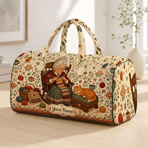 Vintage Grandma Knitting With Orange Tabby Cat Cozy Heritage Gift For Crafters And Makers Quilted Weekend Bag