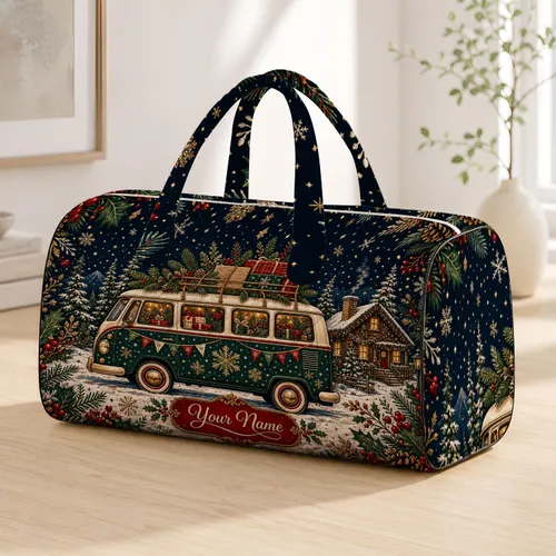 Vintage Winter Camper In Snowy Forest For Christmas Travel And Holiday Getaway Trips Quilted Weekend Bag