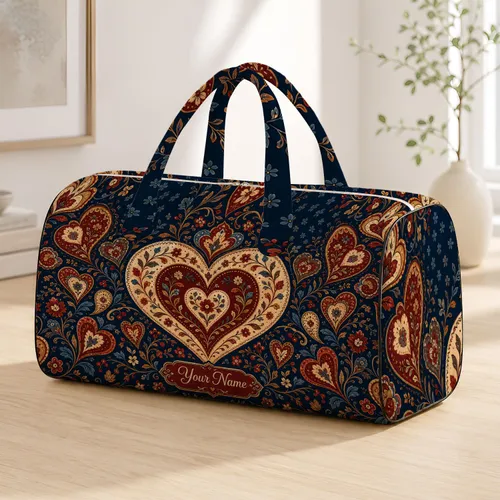 Vintage Country Hearts And Floral Vines Dark Navy Romantic Travel Gift For Women Quilted Weekend Bag
