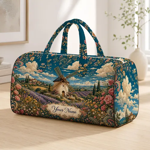 Bohemian Windmill Flower Meadow With Lavender Fields For Countryside Getaways And Travel Quilted Weekend Bag
