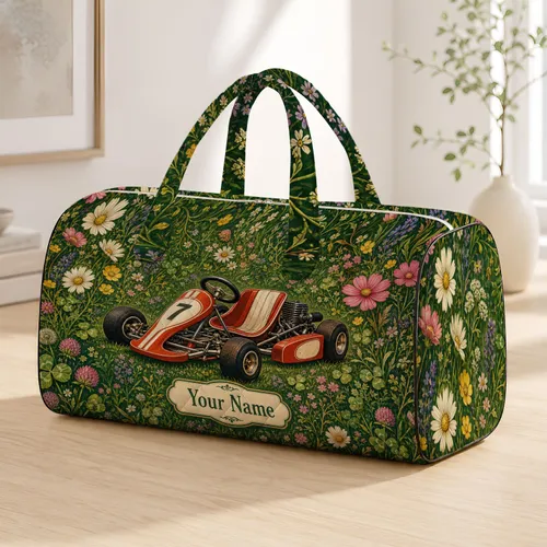 Retro Red White Go Kart In Spring Wildflower Meadow For Travel And Outdoor Leisure Quilted Weekend Bag